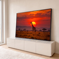 Girafa diante do grande sol vermelho na savana africana com acácias ao fundo, quadro decorativo
