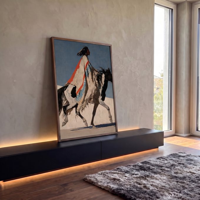 Quadro Decorativo Cavaleiro Indígena com Manto Listrado | quadros decorativos para sala | cavaleiro indígena com manto listrado montado em cavalo pintado preto e branco | em Quadros para Sala | Porao dos Quadros