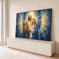 Sagrada Família com Menino Jesus, José com lírios e Maria de manto azul em mosaico de luz, quadro decorativo