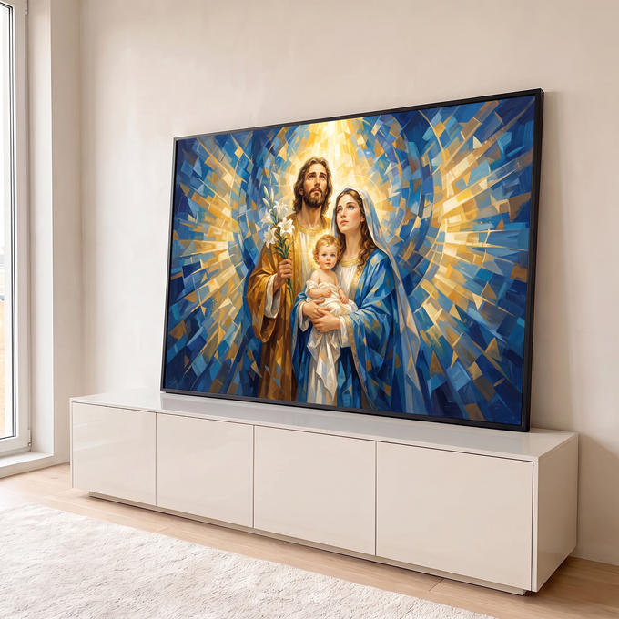 Sagrada Família com Menino Jesus, José com lírios e Maria de manto azul em mosaico de luz, quadro decorativo