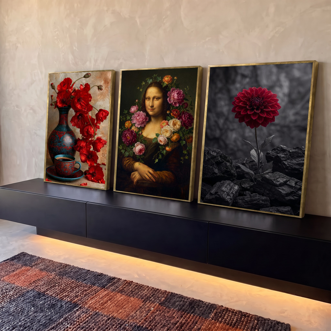 Quadro Decorativo Kit 3 Telas Papoulas Mona Lisa para Sala | quadros decorativos para sala | papoulas vermelhas em vaso azul, retrato floral estilo Mona Lisa e dália escura em carvão | em Quadros para Sala | Porao dos Quadros