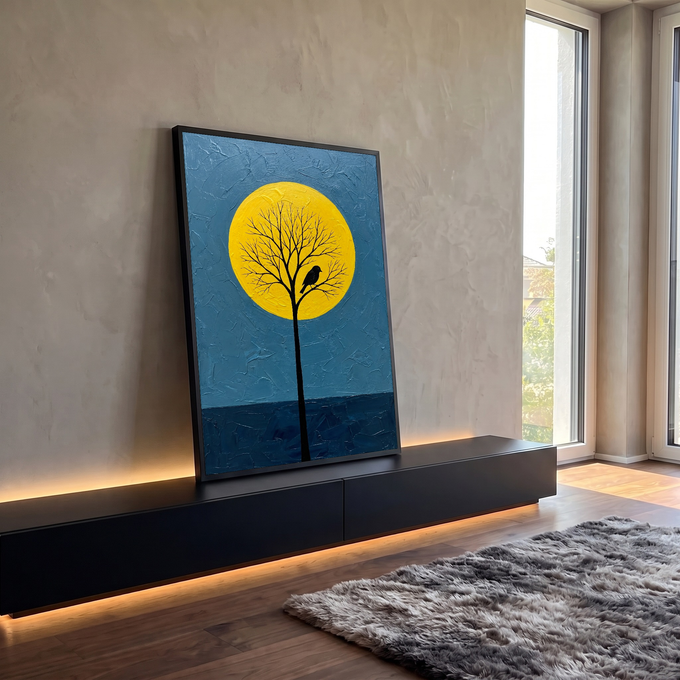 Quadro Decorativo Grande Árvore e Pássaro para Sala Amarelo | quadros decorativos para sala | árvore em silhueta preta com pássaro pousado diante de lua amarela em fundo azul | em Quadros para Sala | Porao dos Quadros