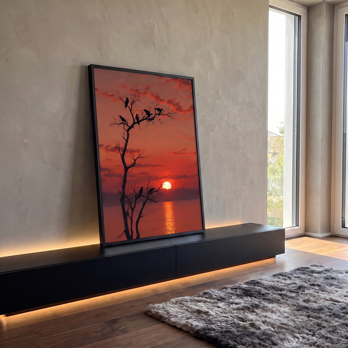 Corvos em silhueta numa árvore seca diante do pôr do sol vermelho refletido no mar, quadro decorativo