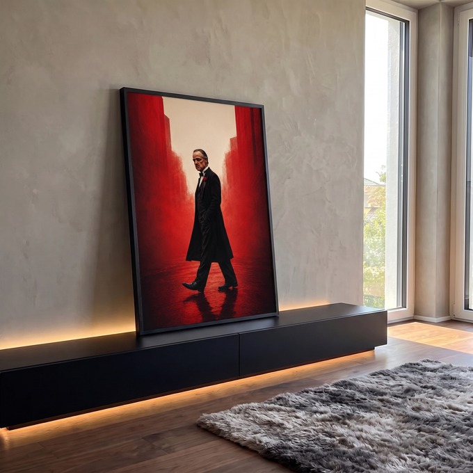 Gangster de terno preto e rosa na lapela caminhando entre prédios vermelhos em névoa, quadro decorativo