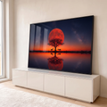 Quadro Decorativo Grande Lua Vermelha Árvore para Sala | quadros decorativos para sala | lua vermelha gigante atrás de árvore seca com gazelas refletidas em lago ao entardecer | em Quadros para Sala | Porao dos Quadros