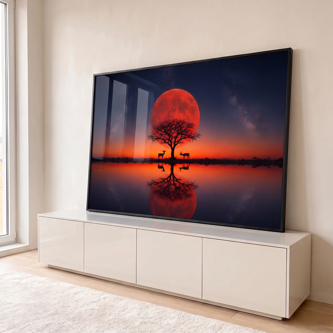 Quadro Decorativo Grande Lua Vermelha Árvore para Sala | quadros decorativos para sala | lua vermelha gigante atrás de árvore seca com gazelas refletidas em lago ao entardecer | em Quadros para Sala | Porao dos Quadros