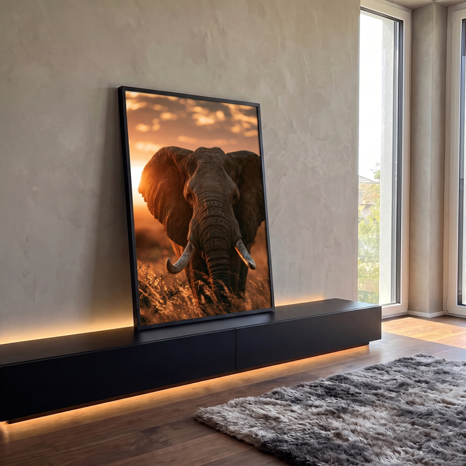 Quadro Decorativo Elefante Africano ao Pôr do Sol Dourado | quadros decorativos para sala | elefante africano de frente com presas em close, luz dourada do pôr do sol ao fundo | em ambiente 1 | Porao dos Quadros