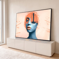 Quadro Decorativo Grande Rosto com Veleiro Azul para Sala | quadros decorativos para sala | rosto feminino azul com colagem de veleiro antigo em tons laranja | em Quadros para Sala | Porao dos Quadros