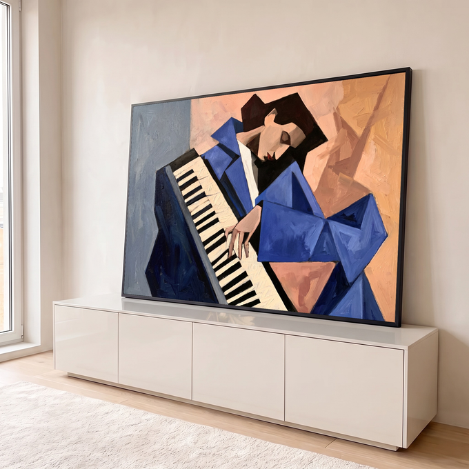 Pianista de terno azul tocando piano de olhos fechados em pintura a óleo cubista, quadro decorativo