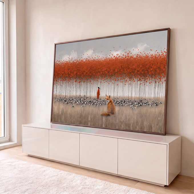 Raposa sentada no campo dourado com bando de pássaros e árvores de copa vermelha ao fundo, quadro decorativo