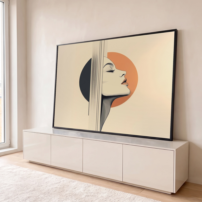 Rosto feminino de perfil com olhos fechados, círculos laranja e preto e linhas verticais, quadro decorativo