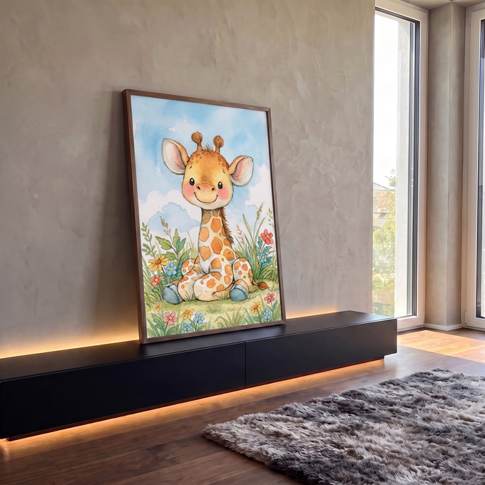 Girafinha sorridente em aquarela sentada na grama entre flores coloridas e céu azul, quadro decorativo