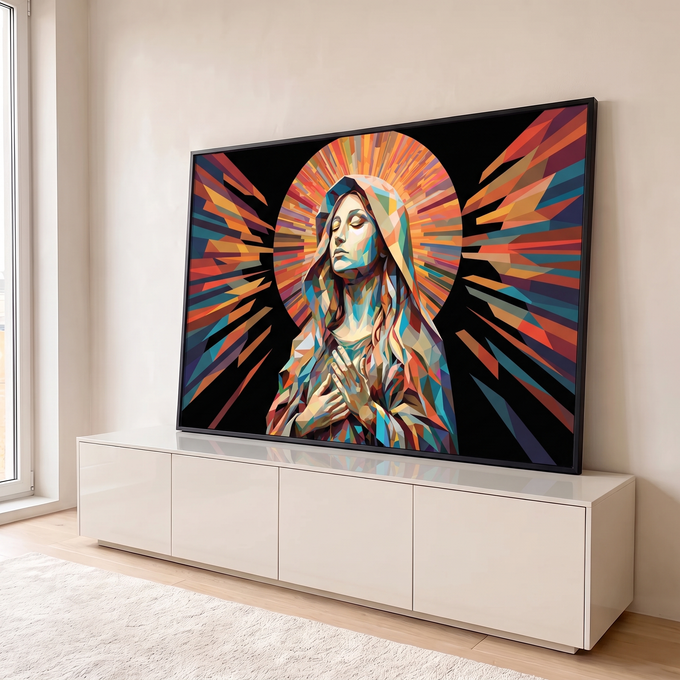 Quadro Decorativo Grande Nossa Senhora Laranja para Sala | quadros decorativos para sala | figura feminina em prece com véu e halo de raios coloridos em estilo poligonal | em Quadros para Sala | Porao dos Quadros