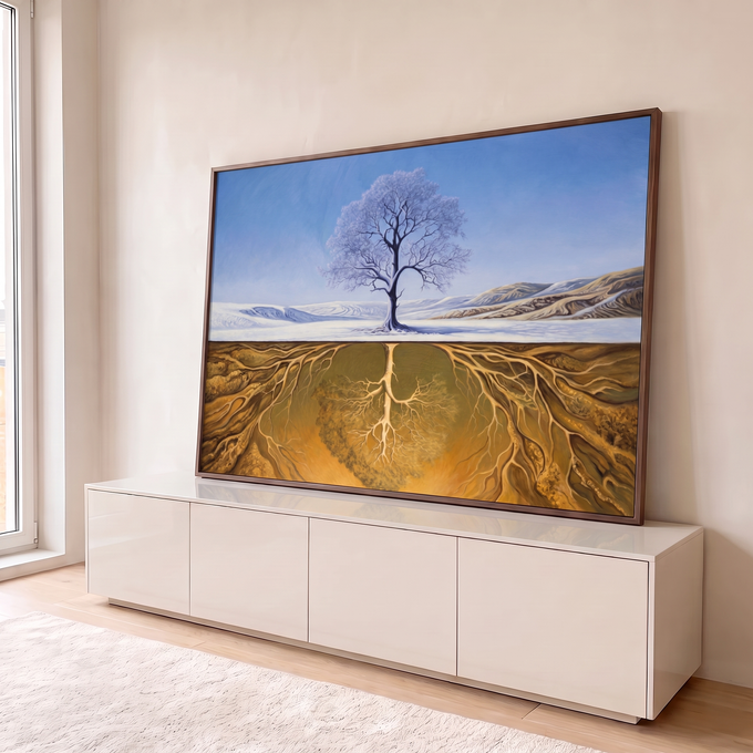 Árvore nevada sob céu azul com raízes douradas espelhadas na terra, pintura a óleo, quadro decorativo