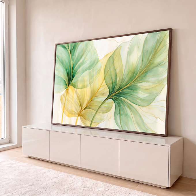 Quadro Decorativo Grande Folhas Tropicais Douradas para Sala | quadros decorativos para sala | folhas tropicais em aquarela verde e dourada com nervuras finas sobre fundo claro | em Quadros para Sala | Porao dos Quadros