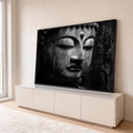 Close do rosto de estátua de Buda em pedra com olhos fechados, em preto e branco, quadro decorativo