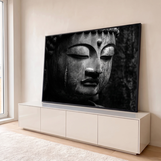 Close do rosto de estátua de Buda em pedra com olhos fechados, em preto e branco, quadro decorativo