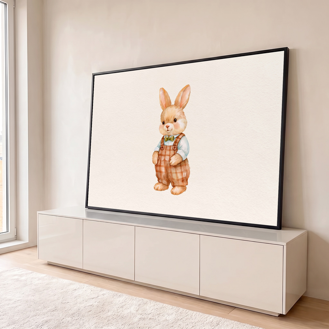 Quadro Decorativo Grande Coelhinho para Quarto de Bebê | quadros decorativos para sala | coelho em aquarela com suspensório xadrez, camisa azul e gravata borboleta verde | em Quadros para Quarto de Bebê | Porao dos Quadros