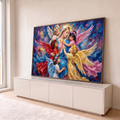 Nossa Senhora de manto azul abraçada por anjinhos de asas coloridas em pintura a óleo, quadro decorativo