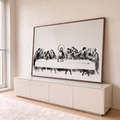 Quadro Decorativo Grande Santa Ceia para Sala Preto | quadros decorativos para sala | Última Ceia recriada em tinta preto e branco com halo dourado e cálice vermelho | em Quadros para Sala | Porao dos Quadros