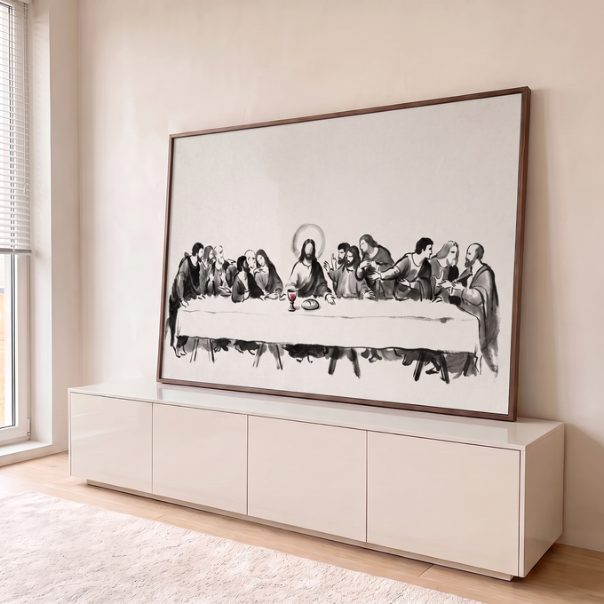 Quadro Decorativo Grande Santa Ceia para Sala Preto | quadros decorativos para sala | Última Ceia recriada em tinta preto e branco com halo dourado e cálice vermelho | em Quadros para Sala | Porao dos Quadros