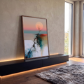 Quadro Decorativo Grande Árvore Solitária para Sala Rosa | quadros decorativos para sala | árvore seca solitária com grande lua rosa ao fundo sobre paisagem abstrata pastel | em Quadros para Sala | Porao dos Quadros