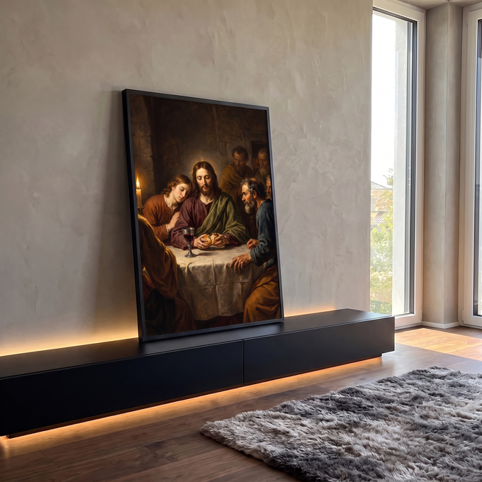Santa Ceia estilo óleo, Jesus parte o pão com apóstolos, cálice de vinho e vela acesa, quadro decorativo