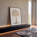 Quadro Decorativo Grande Árvore em Relevo para Sala Bege | quadros decorativos para sala | árvore esculpida em relevo com folhas bege e douradas sobre fundo texturizado claro | em Quadros para Sala | Porao dos Quadros