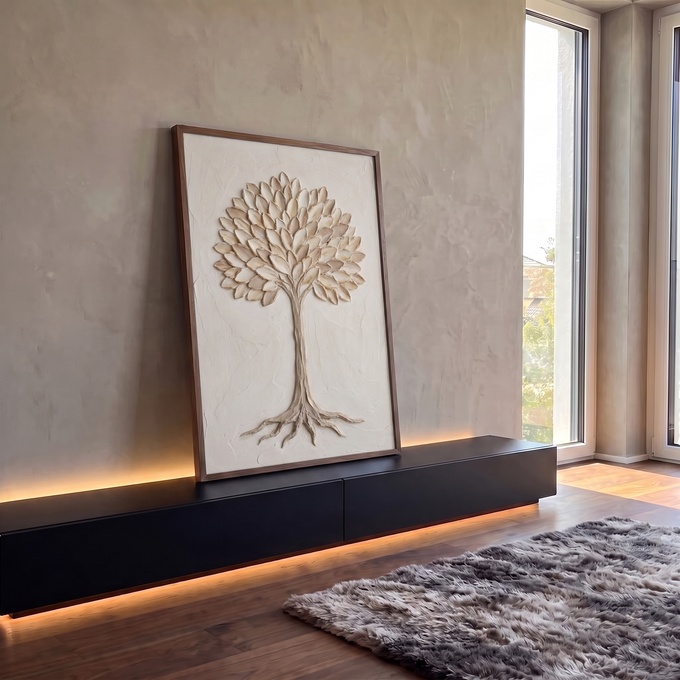 Quadro Decorativo Grande Árvore em Relevo para Sala Bege | quadros decorativos para sala | árvore esculpida em relevo com folhas bege e douradas sobre fundo texturizado claro | em Quadros para Sala | Porao dos Quadros