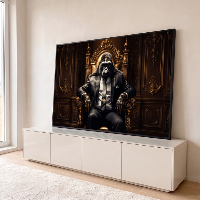 Gorila de terno e gravata com anéis dourados sentado em trono barroco em salão de madeira, quadro decorativo