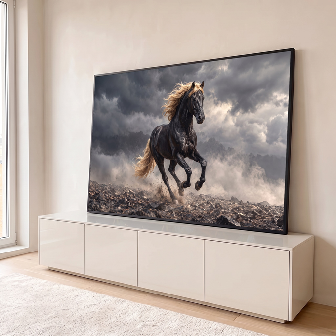 Cavalo negro de crina dourada galopando entre poeira e nuvens de tempestade, quadro decorativo