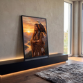 Quadro Decorativo Grande Mulher Indígena para Sala Laranja | quadros decorativos para sala | mulher indígena com águia no ombro diante de pôr do sol e montanhas | em Quadros para Sala | Porao dos Quadros
