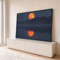 Quadro Decorativo Grande Lua Refletida para Sala Laranja | quadros decorativos para sala | lua cheia laranja refletida em lago com neblina e silhueta de árvores | em Quadros para Sala | Porao dos Quadros