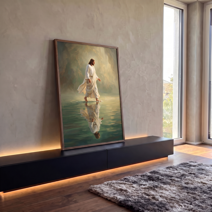 Quadro Decorativo Grande Jesus Caminhando Milagre para Sala | quadros decorativos para sala | Jesus de túnica branca caminhando sobre a água com reflexo e luz suave ao fundo | em Quadros para Sala | Porao dos Quadros
