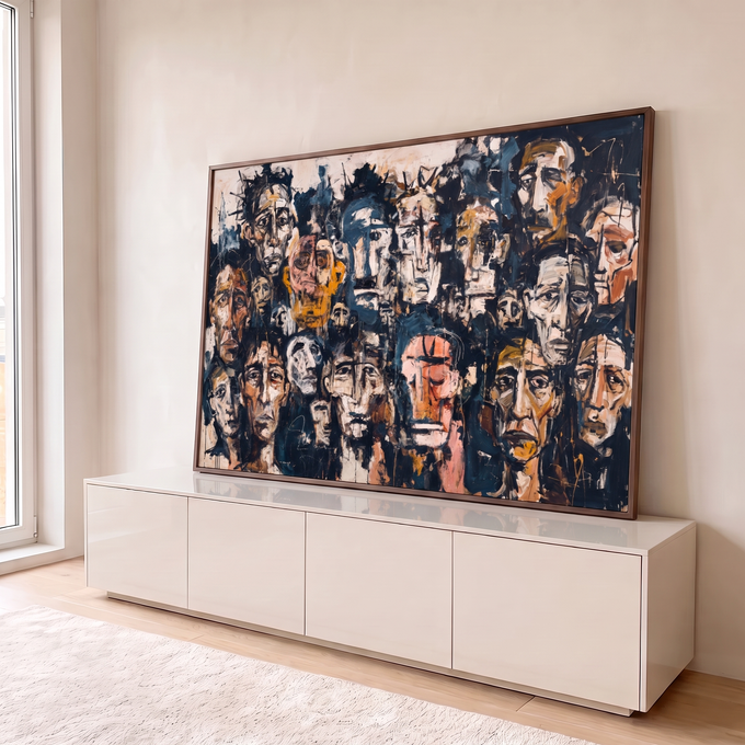 Quadro Decorativo Grande Multidão de Rostos Preto para Sala | quadros decorativos para sala | multidão de rostos humanos pintados em estilo expressionista com tons azuis e pretos | em Quadros para Sala | Porao dos Quadros