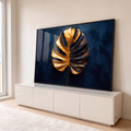 Quadro Decorativo Grande Folha de Monstera para Sala Dourado | quadros decorativos para sala | folha de monstera metálica dourada e bronze sobre fundo azul escuro | em Quadros para Sala | Porao dos Quadros