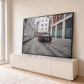 Quadro Decorativo Grande Mustang Clássico Vermelho para Sala | quadros decorativos para sala | mustang vermelho clássico com faixas brancas em rua de pedras europeia | em Quadros para Sala | Porao dos Quadros