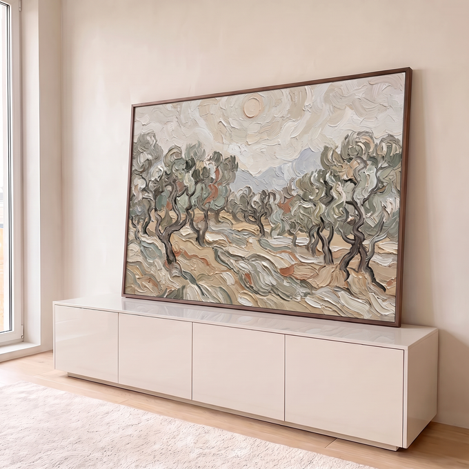 Quadro Decorativo Grande Olival de Van Gogh para Sala Bege | quadros decorativos para sala | olival com árvores retorcidas em tons bege e branco sob céu nublado | em Quadros para Sala | Porao dos Quadros