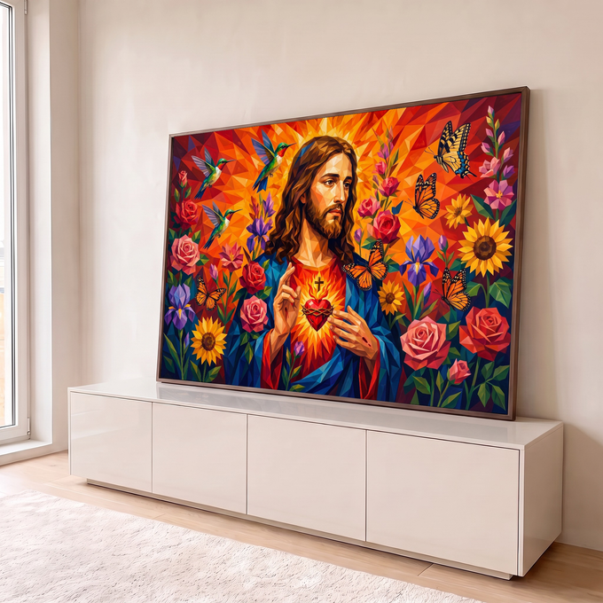 Jesus com o Sagrado Coração em chamas, flores, beija-flores e borboletas em arte poligonal, quadro decorativo