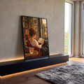 Quadro Decorativo Grande Mulher Lendo Junto para Sala Marrom | quadros decorativos para sala | mulher lendo livro perto de janela em estilo impressionista com tons terrosos | em Quadros para Sala | Porao dos Quadros