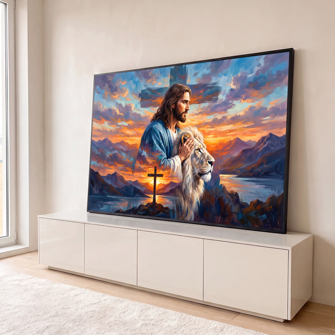 Quadro Decorativo Grande Jesus o Leão para Sala Laranja | quadros decorativos para sala | Jesus com a mão sobre um leão branco diante de pôr do sol em montanhas | em Quadros para Sala | Porao dos Quadros