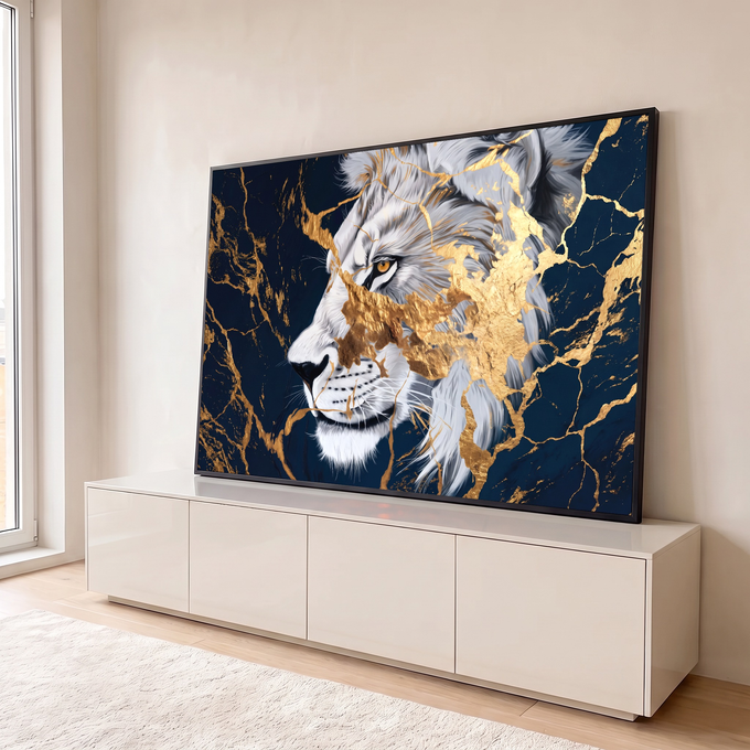 Quadro Decorativo Grande Leão Branco para Sala Azul | quadros decorativos para sala | leão branco de perfil com rachaduras douradas sobre fundo azul marmorizado | em Quadros para Sala | Porao dos Quadros
