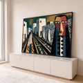Quadro Decorativo Vila Cubista com Rosto Estilizado | quadros decorativos para sala | vila cubista com casas brancas, caminho geométrico e rosto estilizado em vermelho e bege | em Quadros para Sala | Porao dos Quadros