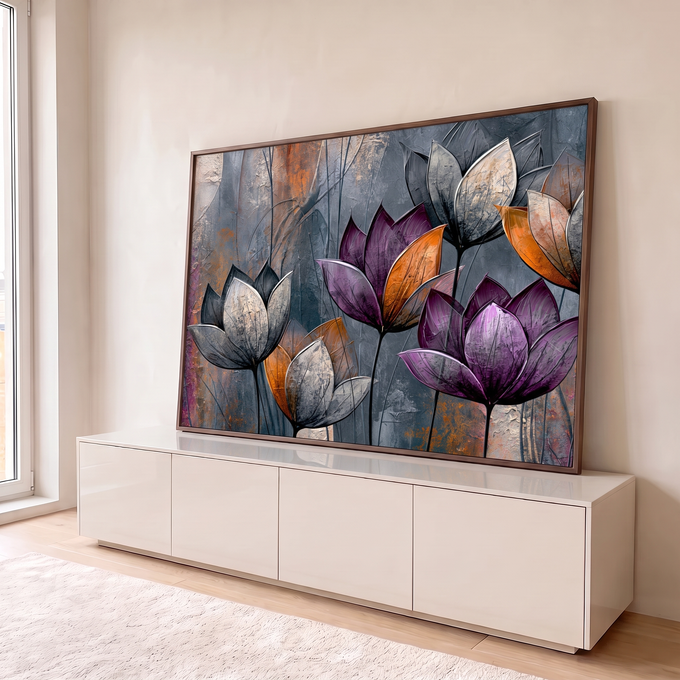 Quadro Decorativo Flores Abstratas em Roxo Prata e Cobre | quadros decorativos para sala | flores abstratas estilizadas em pétalas de roxo, prata e cobre sobre fundo cinza texturizado | em Quadros para Sala | Porao dos Quadros