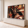 Quadro Decorativo Mãe e Filho com Pintura Facial Africana | quadros decorativos para sala | mulher com rosto pintado em preto e vermelho segurando bebê adormecido no ombro | em Quadros para Sala | Porao dos Quadros