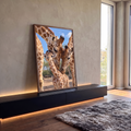 Quadro Decorativo Grande Família de Girafas Marrom para Sala | quadros decorativos para sala | filhote de girafa entre dois adultos formando arco de pescoços sob céu azul | em Quadros para Sala | Porao dos Quadros