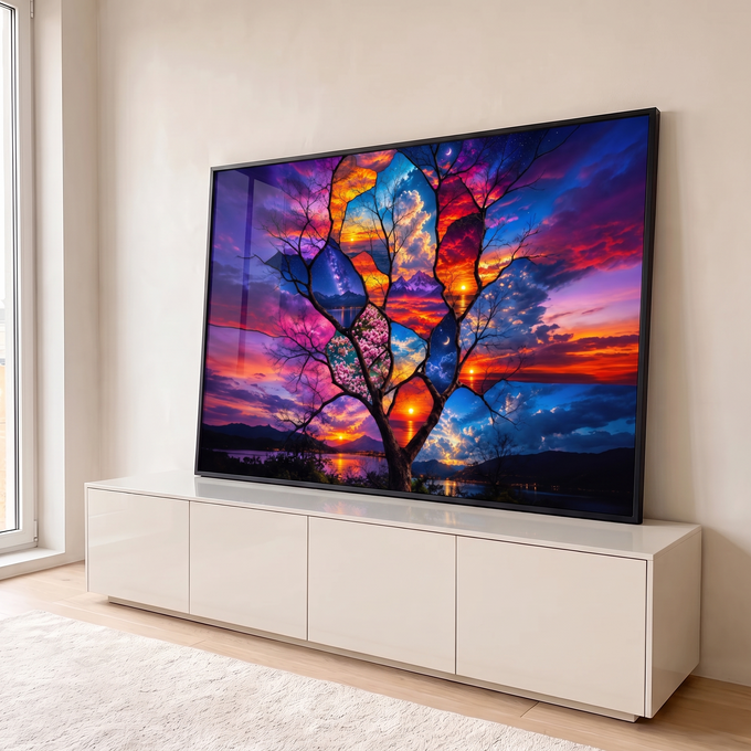 Árvore surreal com galhos em vitral de céus, pôr do sol, lua e cerejeiras em roxo, quadro decorativo