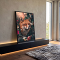 Quadro Decorativo Raposa entre Flores e Borboletas Azuis | quadros decorativos para sala | raposa vermelha cercada de flores brancas, folhas verdes e borboletas azuis no focinho | em Quadros para Sala | Porao dos Quadros