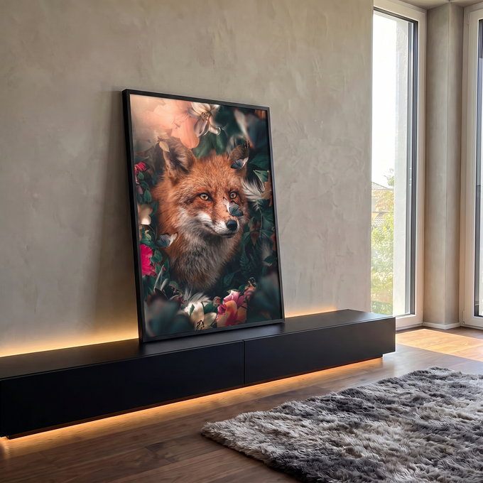 Quadro Decorativo Raposa entre Flores e Borboletas Azuis | quadros decorativos para sala | raposa vermelha cercada de flores brancas, folhas verdes e borboletas azuis no focinho | em Quadros para Sala | Porao dos Quadros