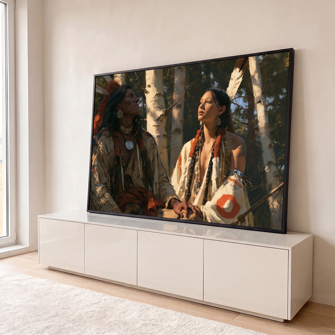 Quadro Decorativo Casal Indígena entre Bétulas em Tons | quadros decorativos para sala | casal indígena em pintura realista com penas e floresta de bétulas ao fundo | em Quadros para Sala | Porao dos Quadros